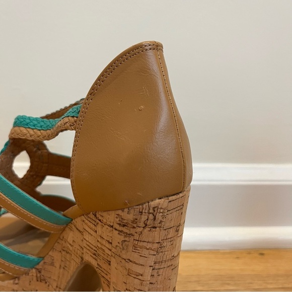 BCBGeneration Sanford Teal & Cognac Cork Platform Open Toe Sandals Size 6.5B - Picture 5 of 16